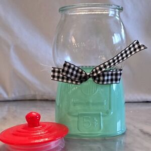 Retro Sleigh Bell Bistro Glass Gumball Machine Candy Cookie Jar 8" Teal Canister